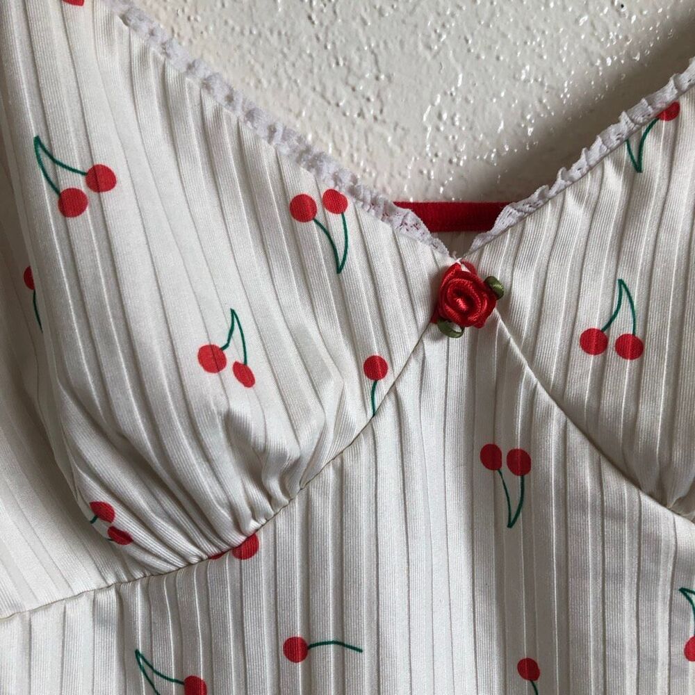 Y2K Aesthetic babydoll Cherry Print Ribbed Lace Trim Cami Top - Size S - Picture 3 of 6